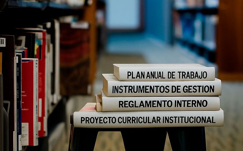 Pila de libros de gestión institucional (plan anual de trabajo, reglamento interno, proyecto curricular) sobre un banco, en la biblioteca